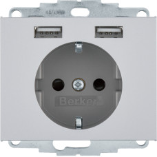 Розетка з з/к 16А/250В + 2хUSB/2.4A, А-А, колір алюміній, метал, матовий, K.5 Berker 48037003
