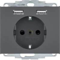 Розетка з з/к 16А/250В + 2хUSB/2.4A, А-А, колір антрацит, матовий лак, K.1 Berker 48037006