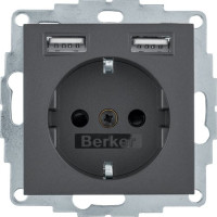 Розетка з з/к 16А/250В + 2хUSB/2.4A, А-А, колір антрацит, матовий, S.1 Berker 48031606