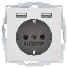 Розетка з з/к 16А/250В + 2хUSB/2.4A, А-А, колір алюміній, бархатний лак, Q.х Berker 48036084