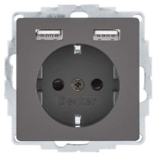 Розетка з з/к 16А/250В + 2хUSB/2.4A, А-А, колір антрацит, бархатний лак, Q.х Berker 48036086